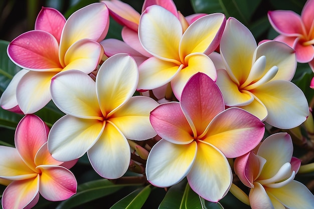 庭の豪華なプルメリアの花のグループ