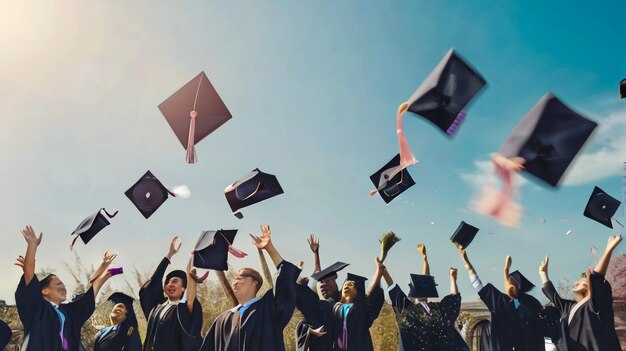 a group of graduates are flying their caps and the words  graduation  on the bottom