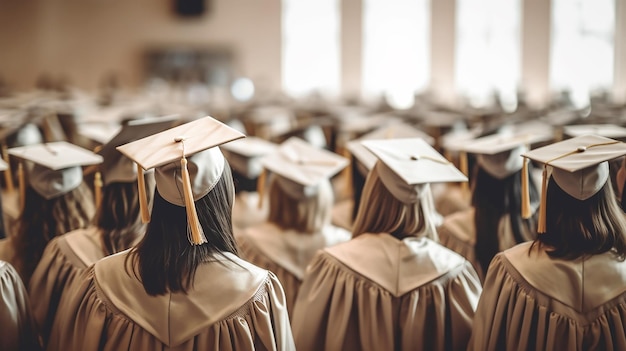 A group of graduates in caps and gowns sit in a auditorium.