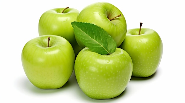 Photo a group of granny smith apples with a leaf