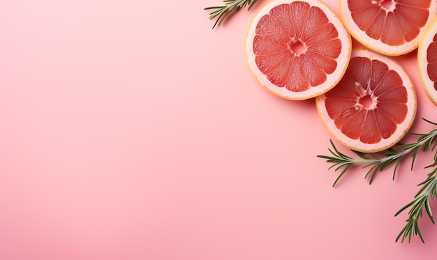 Photo a group of grapefruit slices with leaves on a pink background