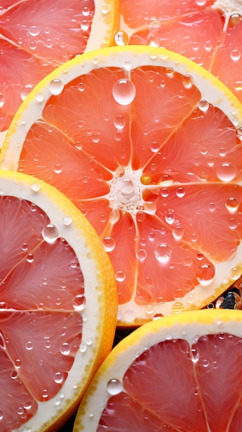 a group of grapefruit slices with water droplets