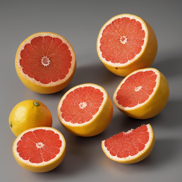 A group of grapefruits are arranged on a gray background.