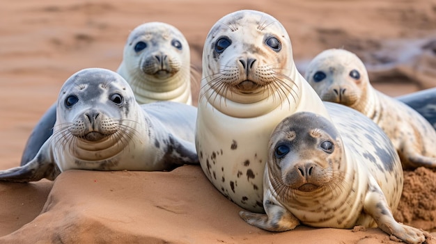 Photo a group of gray seals close up in the wild