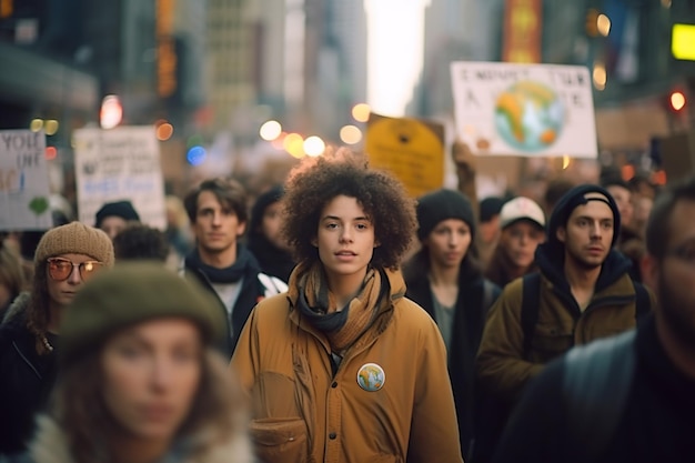 지구 생성 인공 지능을 구하기 위한 표지판을 들고 거리를 걷고 있는 녹색 활동가 그룹