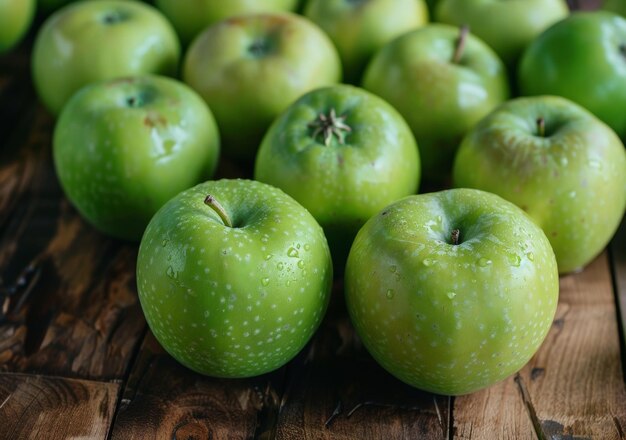 Photo a group of green apples on a wooden table