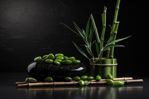 A group of green bamboo stalks arranged in a vase with some stones at the bottom