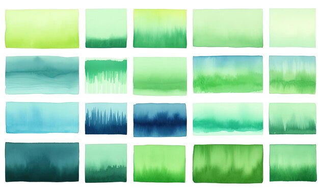 a group of green and blue watercolor brushes in the style of striped compositions