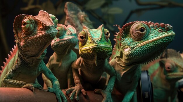 A group of green chameleons sit on a table