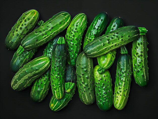 A group of green cucumbers on a black background