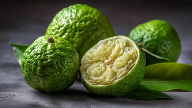 A group of green jackfruits on a black background