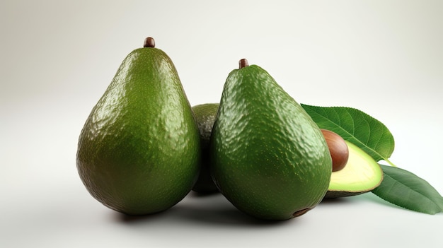 A group of green pears sit next to a green leaf.