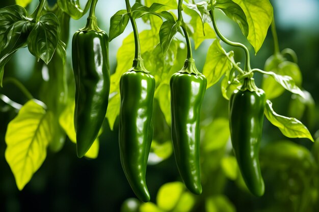 Foto gruppo di peperoncini verdi appesi alla pianta