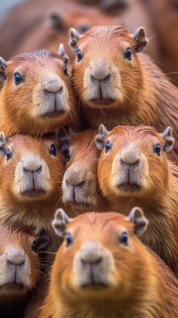 A group of guinea pigs are all looking at the camera