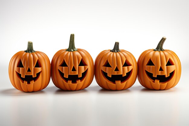 Group of halloween pumpkins with carved face on white isolated background Generative AI illustration