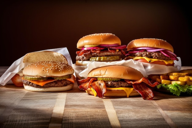 A group of hamburgers are lined up on a table.