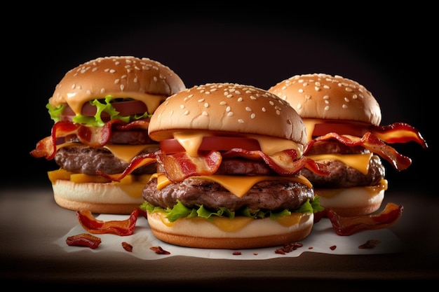 A group of hamburgers with bacon on them