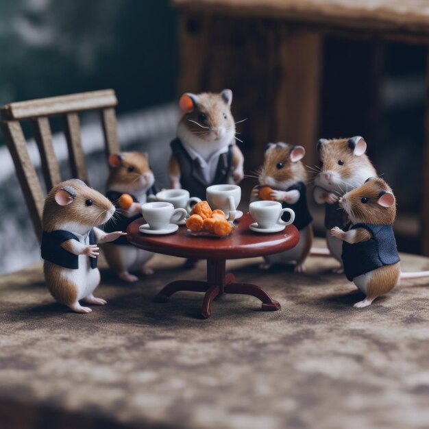 A group of hamsters sitting at a table with cups of coffee Generative AI image