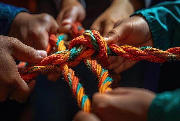 Photo a group of hand touching a rope and trying to make a knot in the style of teal and amber