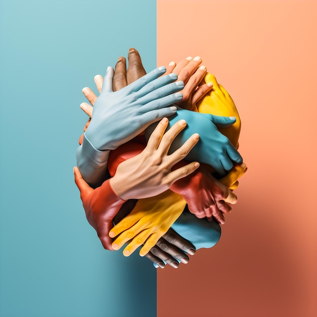 A group of hands are holding each other in different colors.