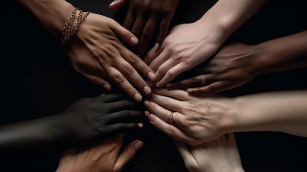 A group of hands are stacked together, one of which is black and the other is black.