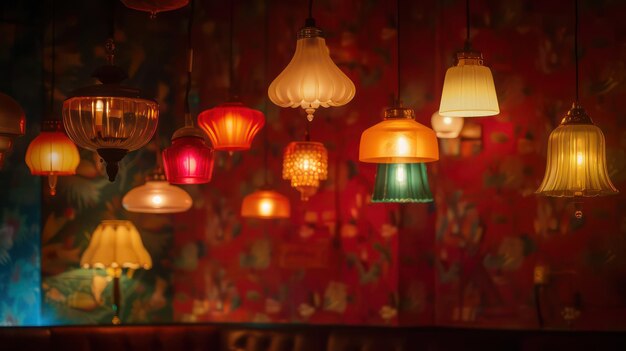 Group of hanging light bulbs in ceiling fixture retro bulbs lights