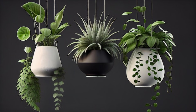 A group of hanging plants with different types of plants.