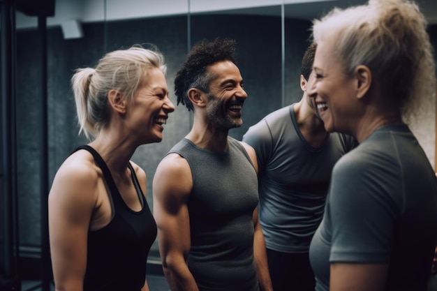 Photo group of happy adult people in gym closeup