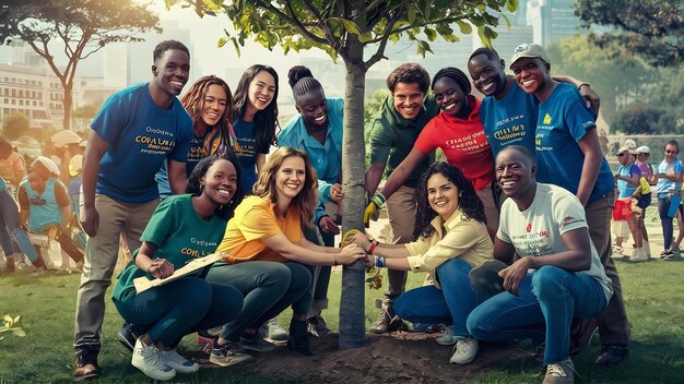 Photo group of happy african volunteers planting tree in park africa volunteering charity people and ecol