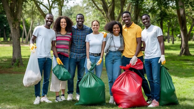 Group of happy african volunteers with garbage bags cleaning area in park africa volunteering chari