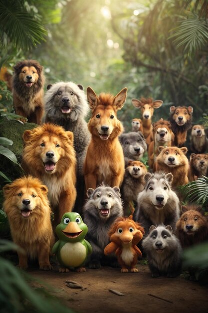 Foto un gruppo di animati animali felici nella giungla