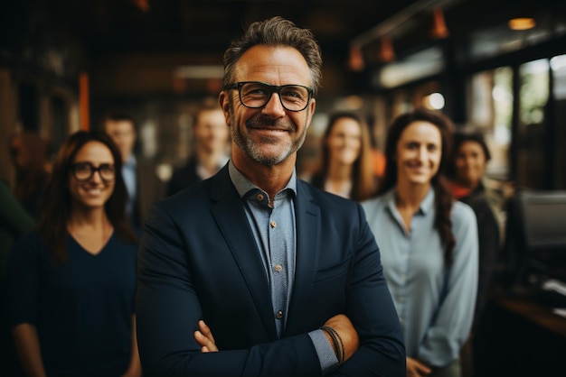 a group of happy business man and business women dressed in suits are smiling in the office