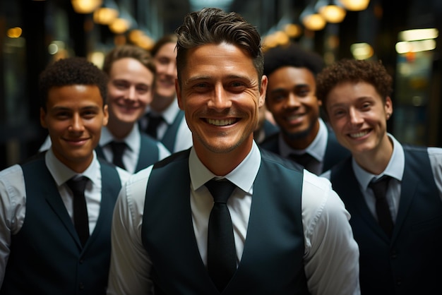 a group of happy business man and business women dressed in suits are smiling in the office