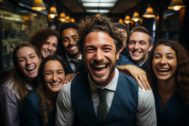 a group of happy business man and business women dressed in suits are smiling in the office