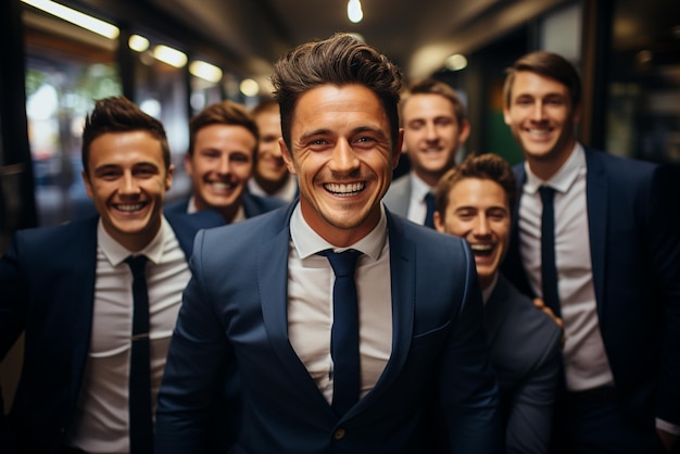 スーツを着た幸せなビジネスマンとビジネスウーマンのグループがオフィスで微笑んでいる