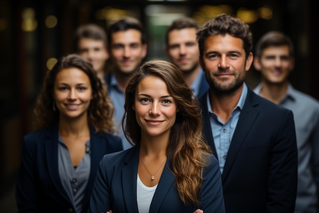 a group of happy business man and business women dressed in suits are smiling in the office