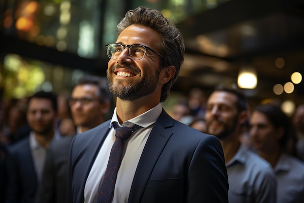 Photo a group of happy business man and business women dressed in suits are smiling in the office