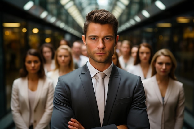 a group of happy business man and business women dressed in suits are smiling in the office