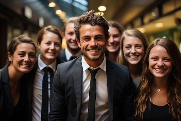 a group of happy business man and business women dressed in suits are smiling in the office