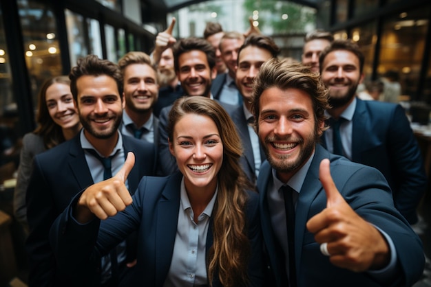スーツを着た幸せなビジネスマンとビジネスウーマンのグループがオフィスで微笑んでいる