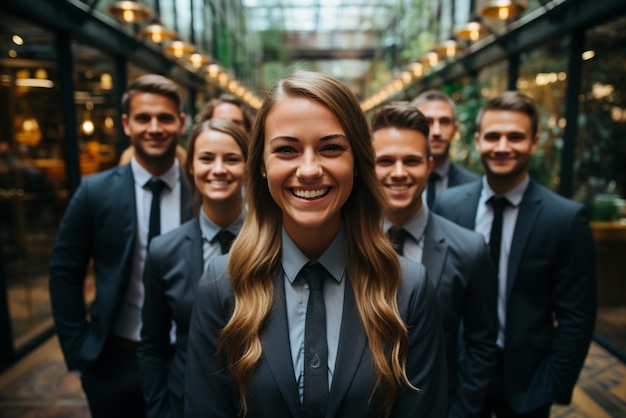 a group of happy business man and business women dressed in suits are smiling in the office