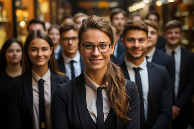 a group of happy business man and business women dressed in suits are smiling in the office