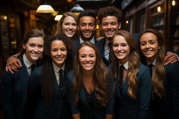 a group of happy business man and business women dressed in suits are smiling in the office