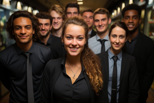 a group of happy business man and business women dressed in suits are smiling in the office