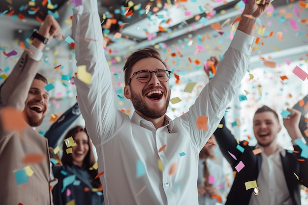 Group of happy business people celebrating success with raised hands in office with AI generated