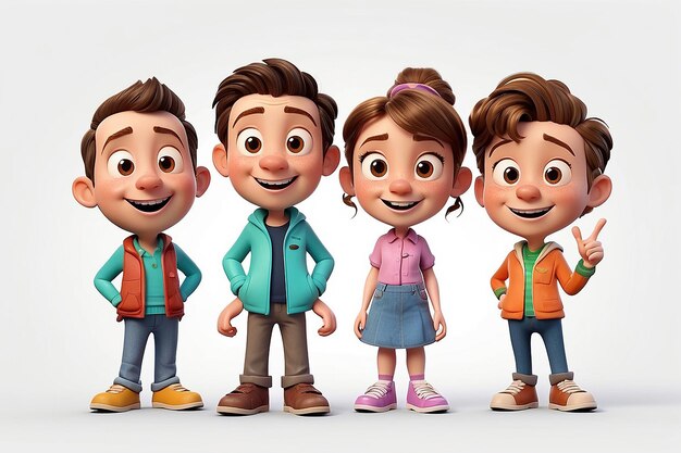 Group of happy cartoon characters standing on a white background Stanley Emma and Billy 3d illustration