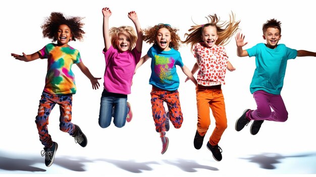 행복하고 쾌활한 낚시를 좋아하는 아이들이 함께 점프하는 그룹 어린이날을 위한 격리된 배경 Generative ai