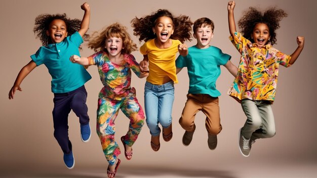 Group of happy cheerful sportive children jumping together Isolated background for children's day Generative ai