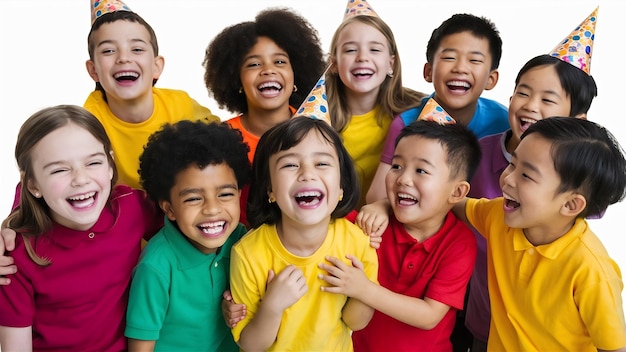 Group of happy children in colorful shirts having fun at the birthday party isolated on a white