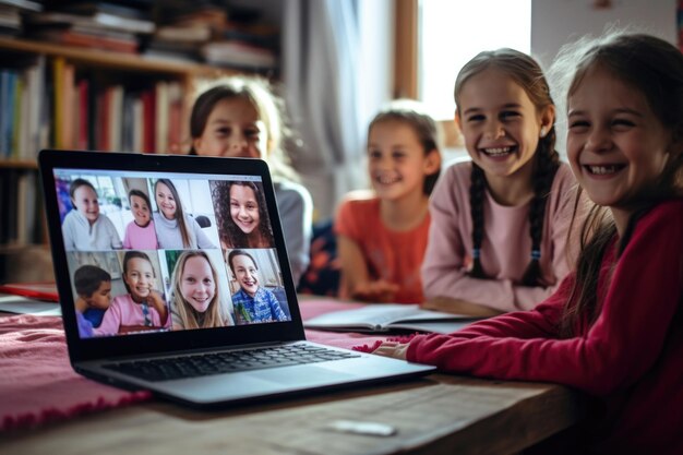 A group of happy children having a video conference with friends using video communication